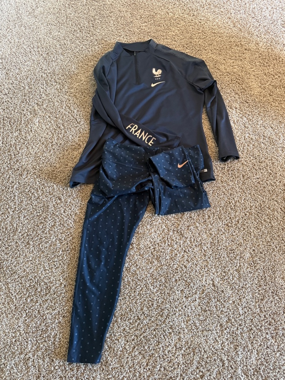 Nike Navy & Rose Gold France Dri-Fit Top with Polka-Dot Leggings